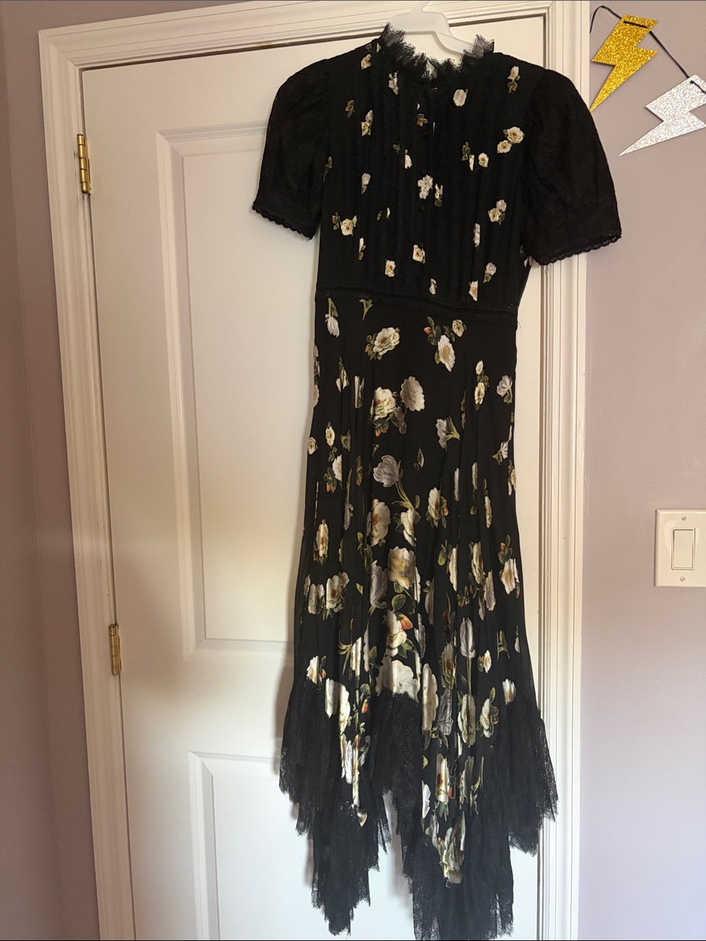 Alice and Olivia Black Floral Lace Hem Midi Dress
